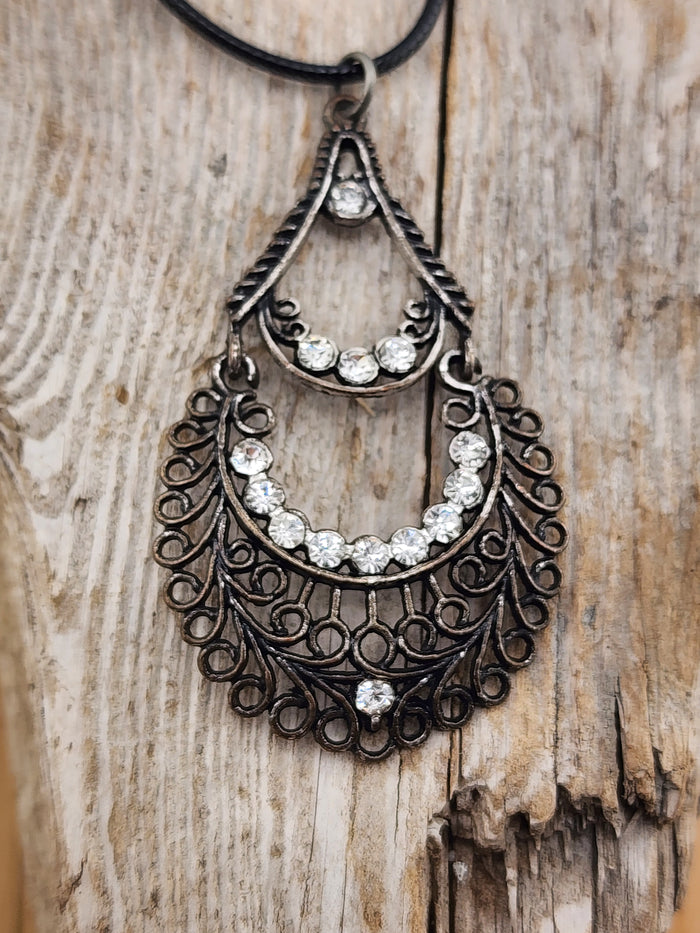 18in Adjustable Filigree Teardrop Pendant Necklace with Clear Crystals - Black