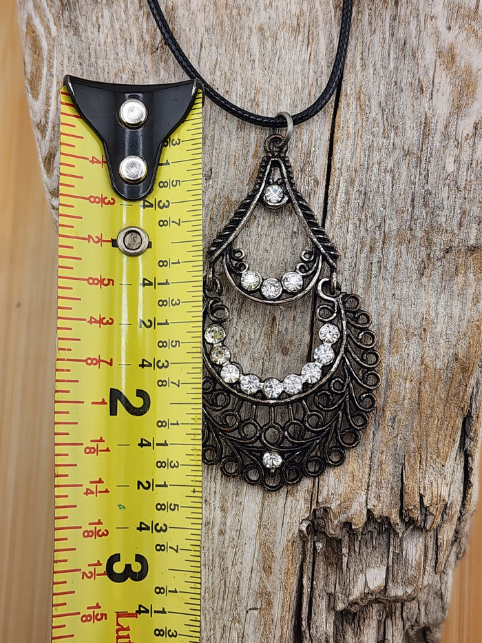 18in Adjustable Filigree Teardrop Pendant Necklace with Clear Crystals - Black