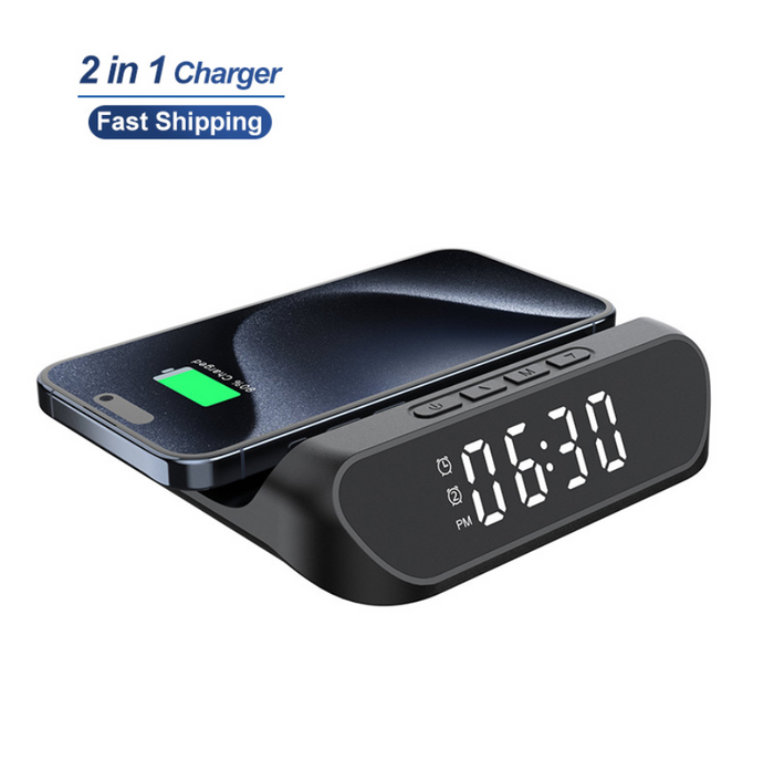 TechPlus 2-in-1 wireless charger with alarm clock, 15W fast charging stand, featuring a sleek modern design and digital display.