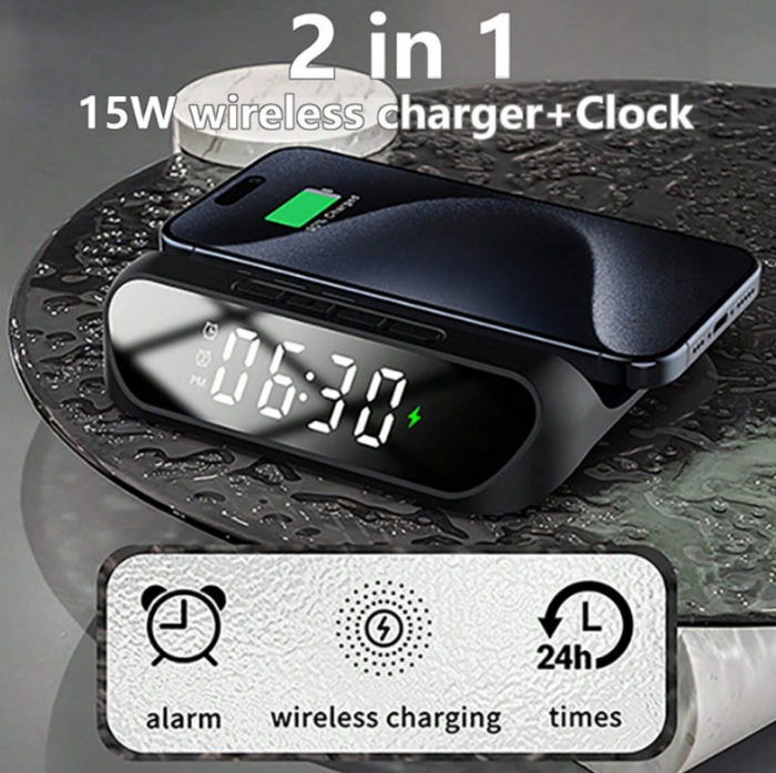 Techplus 2-in-1 wireless charger with alarm clock, 15W fast charging stand, featuring a sleek design and digital display.