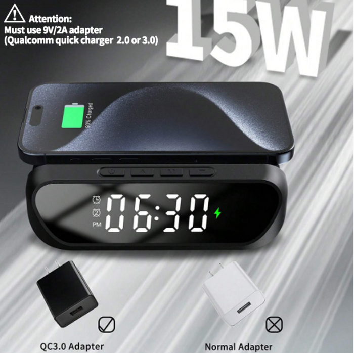 Techplus 2-in-1 wireless charger with alarm clock, 15W fast charging stand, featuring a sleek design and digital display.
