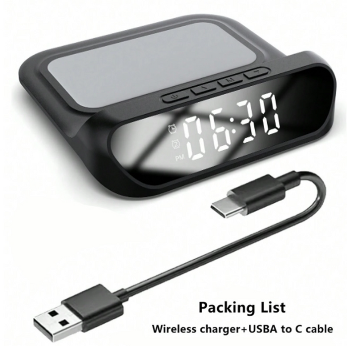 Techplus 2-in-1 wireless charger with alarm clock, 15W fast charging stand, featuring sleek design and digital display.