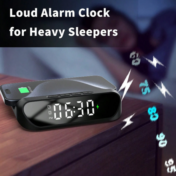 Techplus 2-in-1 wireless charger with alarm clock, 15W fast charging stand, showing a sleek black design and digital clock display.