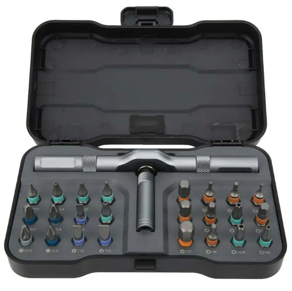 Mead's Supply 24-in-1 ratchet screwdriver set with handle, multiple interchangeable bits, and ergonomic grip.