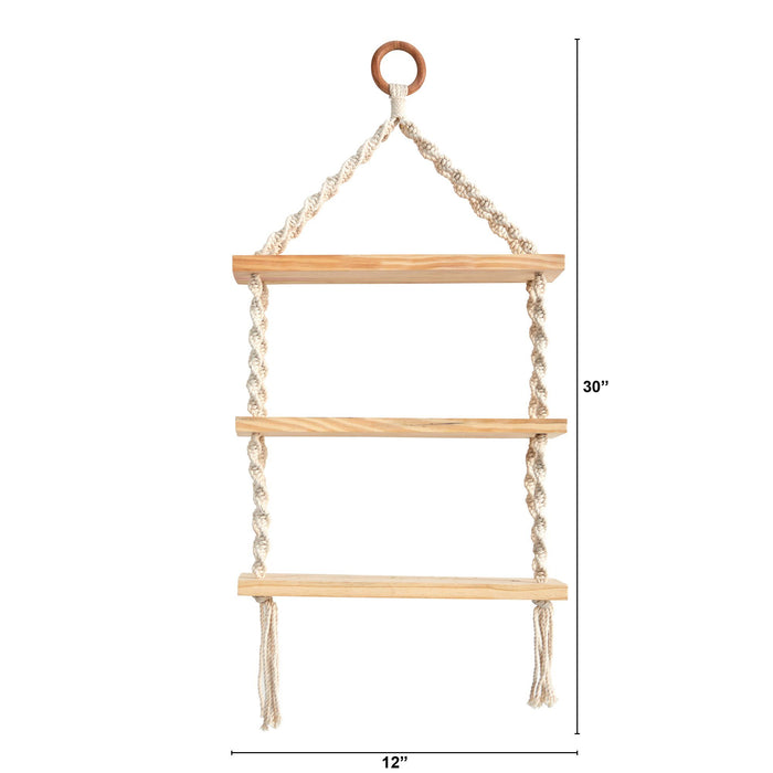 2.5’ x 1’ Three Tier Handmade Boho Macrame Wall Hanging with Wooden Shelf