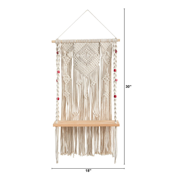 2.5’ x 1.5’ Bohemian Macrame Wall Hanging with Wooden Shelf