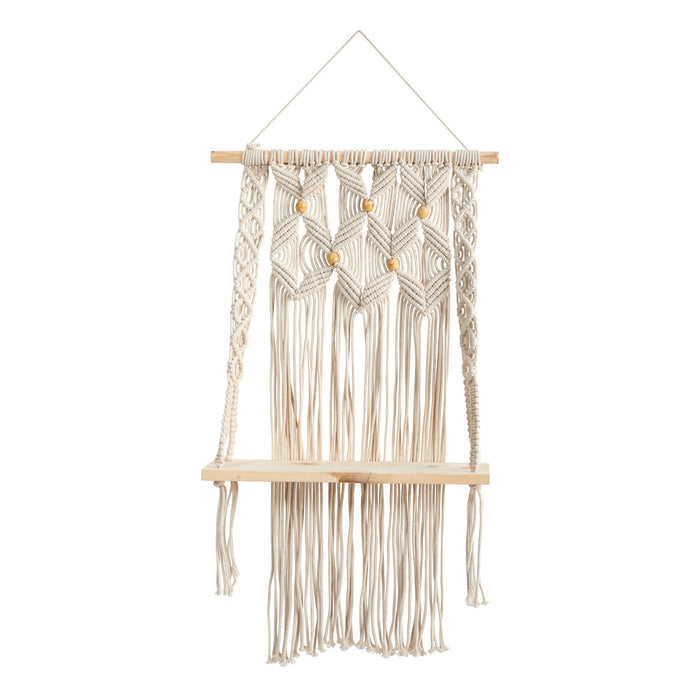 2.5’ x 1.5’ Handmade Boho Macrame Wall Hanging with Wooden Shelf