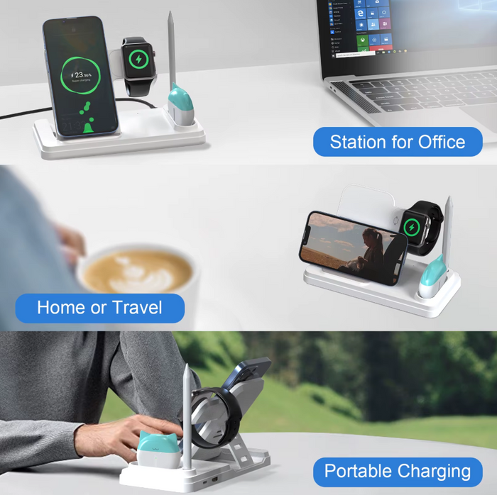 Techplus 4-in-1 wireless charging station with 15W fast charger stand for i-Series devices, showing multiple device charging ports