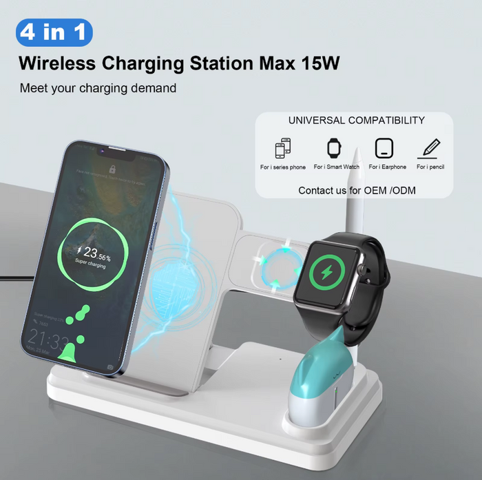 Techplus 4-in-1 wireless charging station with 15W fast charging stand for i-Series devices, featuring multiple charging ports and sleek design.