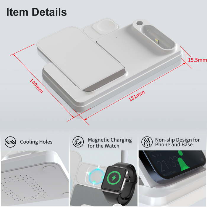 Techplus 4-in-1 wireless charging station with 15W fast charging stand for i-Series devices, featuring multiple charging pads.