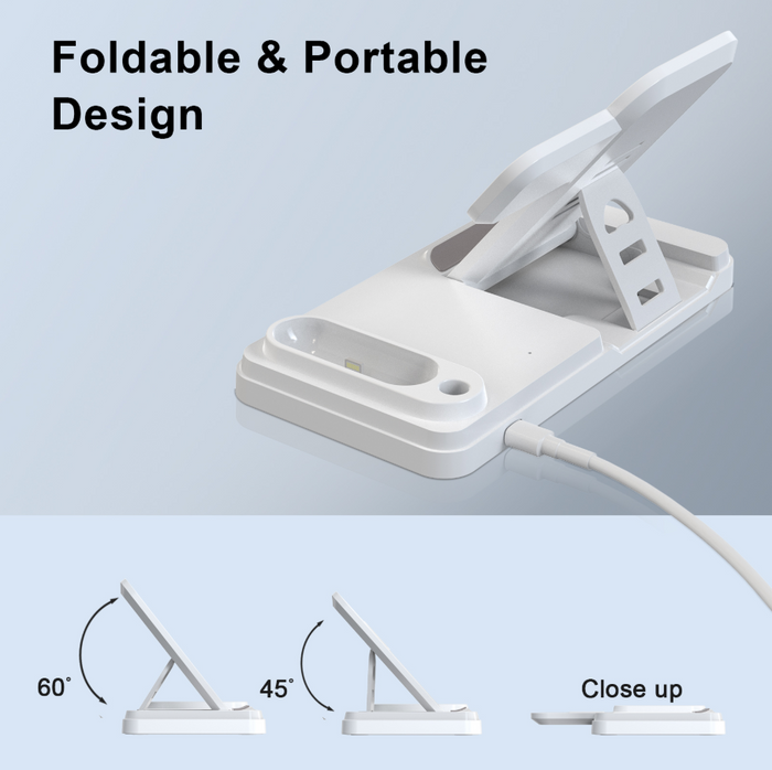 Techplus 4-in-1 wireless charging station with stand, 15W fast charging for iPhone, AirPods, and Apple Watch on a sleek black pad.