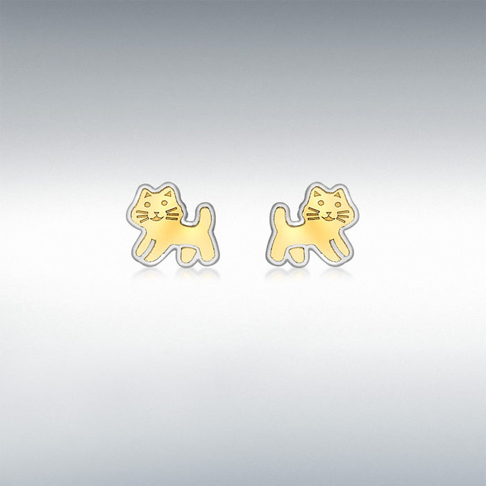 9CT 2-COLOUR GOLD 6MM X 6MM STANDING-CAT STUD EARRINGS