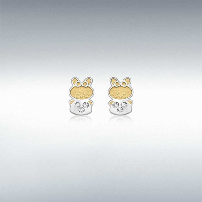 9CT 2-COLOUR GOLD CZ 5MM X 7MM RABBIT STUD EARRINGS