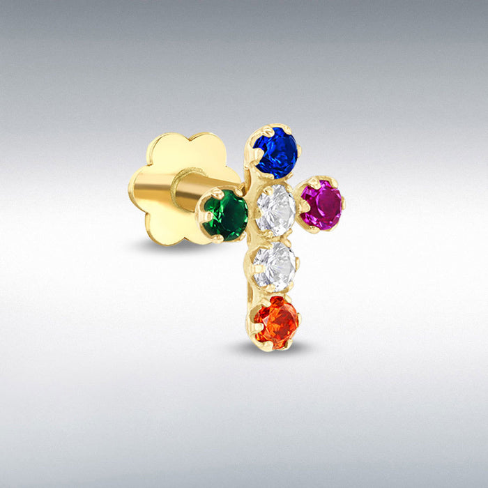 9CT YELLOW GOLD 1.5MM MULTI COLOURED CZ CROSS LABRET STUD
