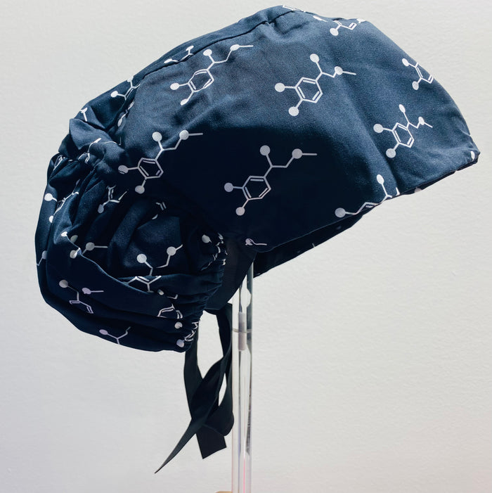 Code Cart Cap - Black Scrub Hat with White Adrenaline Design on a clear stand