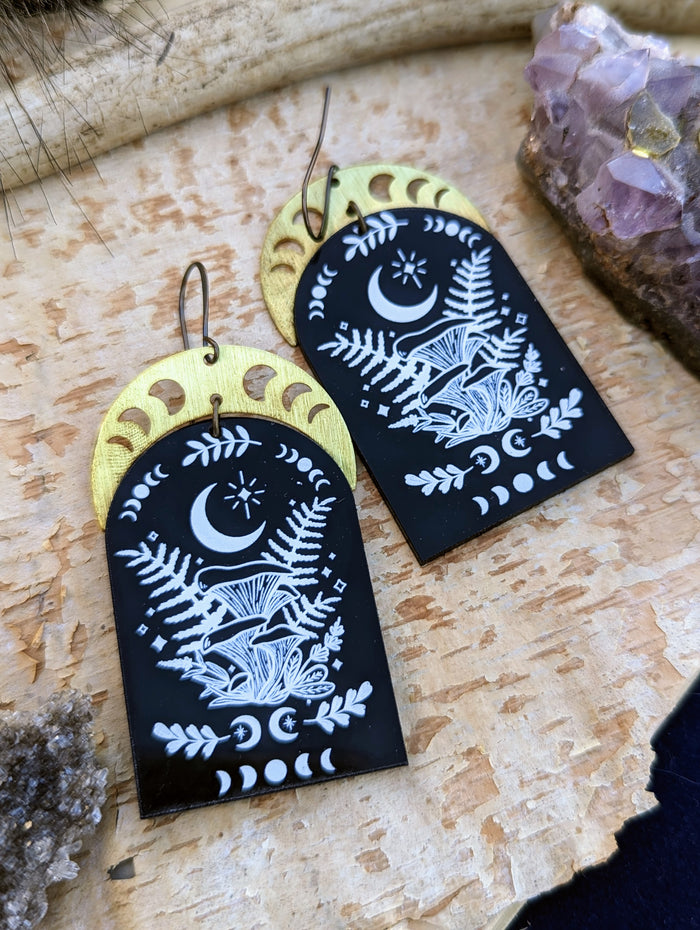 Acrylic Mushroom and Fern Earrings with Brass Moon Phase Crescents