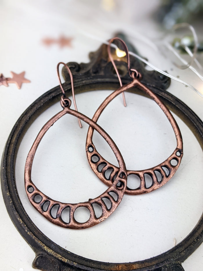 Antiqued Copper Plated Earrings - Moon Phase Teardrops - Minxes' Trinkets