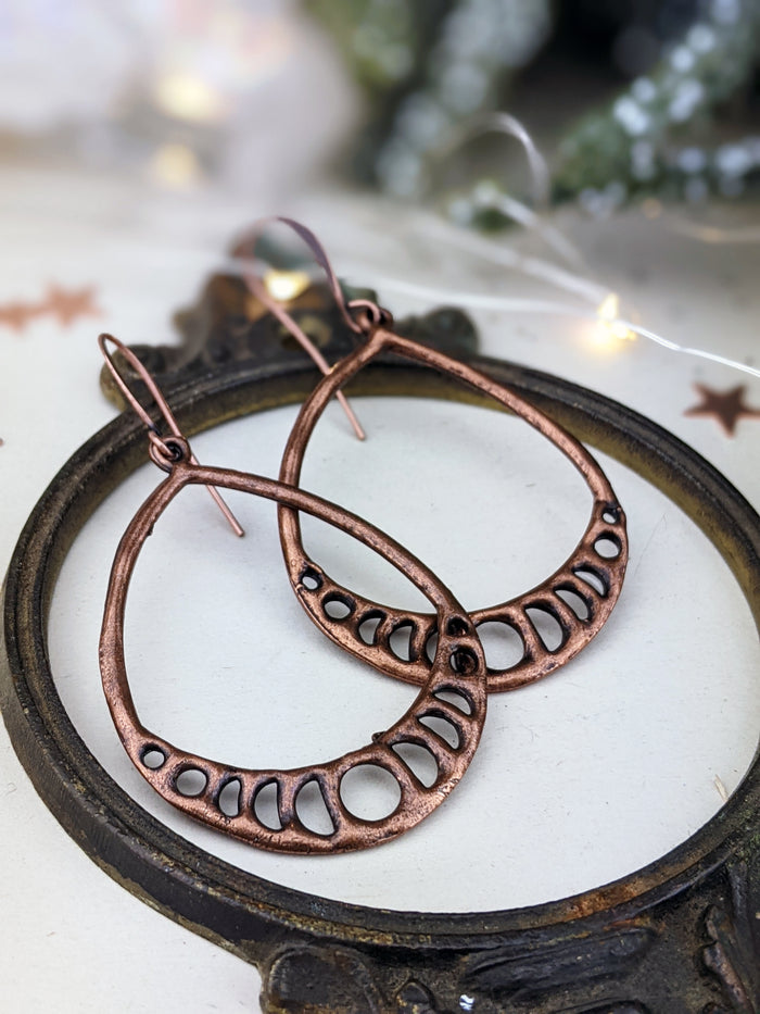 Antiqued Copper Plated Earrings - Moon Phase Teardrops - Minxes' Trinkets