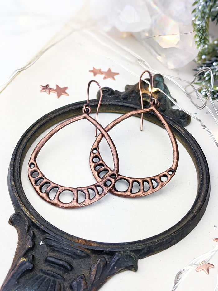 Antiqued Copper Plated Earrings - Moon Phase Teardrops - Minxes' Trinkets