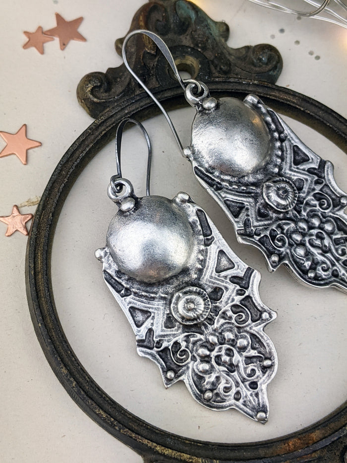 Antiqued Silver Plated Earrings - Domes and Dots