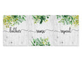 Set of three prints with the words lather, rinse, repeat - one word on each print. Prints have a gray wood plank background with green leaves.