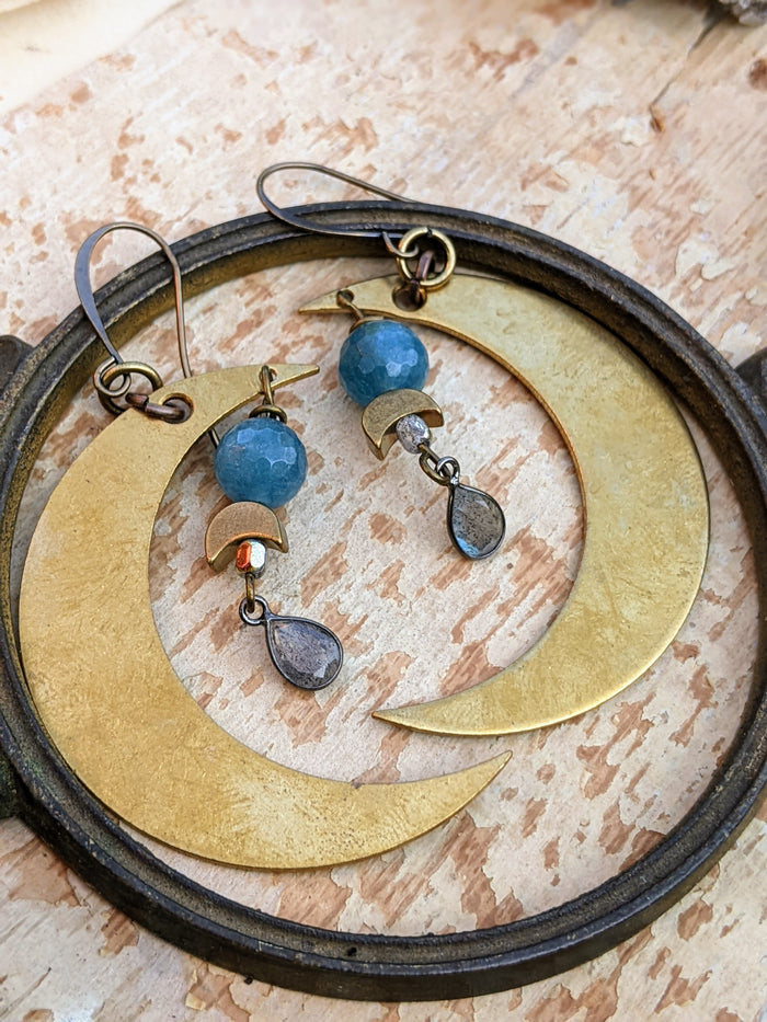 Big Brass Moon Earrings with Labradorite and Apatite - Minxes' Trinkets