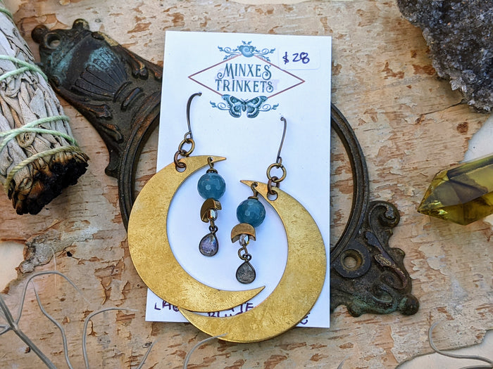 Big Brass Moon Earrings with Labradorite and Apatite - Minxes' Trinkets