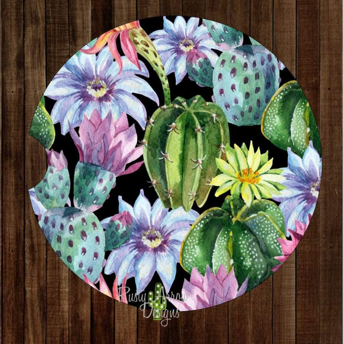 Black Pastel Full Cactus Set of 2 Car Coasters - Car Coasters