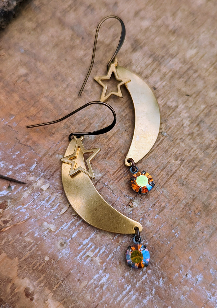 Brass Moon and Star Earrings - Vintage Rhinestones - Minxes' Trinkets