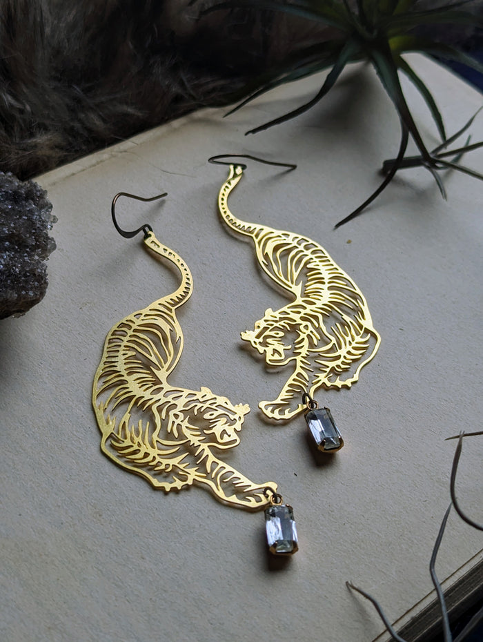 Brass Tiger Earrings - Clear Rhinestones