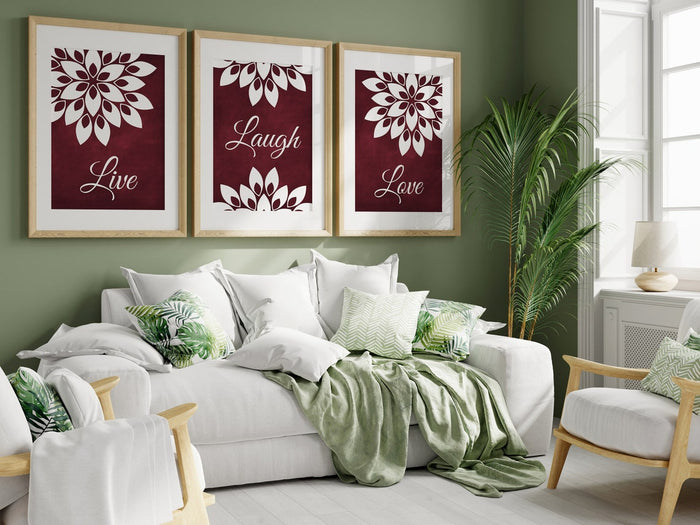 Burgundy and White Floral Wall Art Print Set "Live Laugh Love" - HOME732