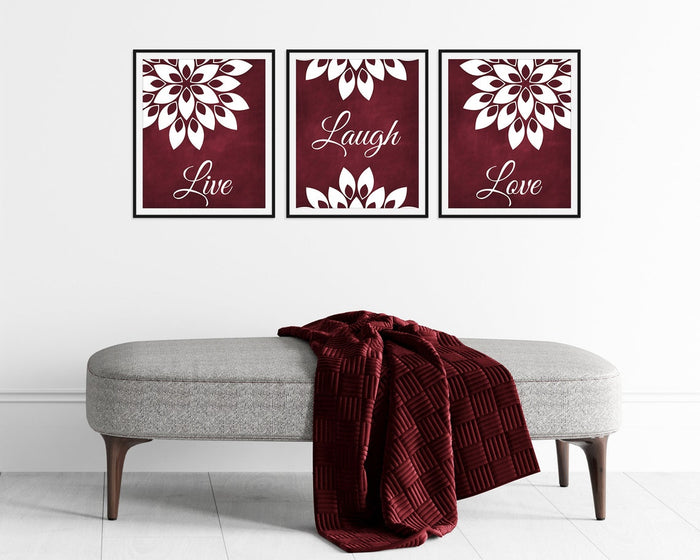 Burgundy and White Floral Wall Art Print Set "Live Laugh Love" - HOME732