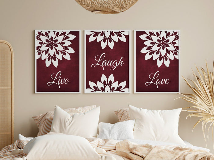 Burgundy and White Floral Wall Art Print Set "Live Laugh Love" - HOME732