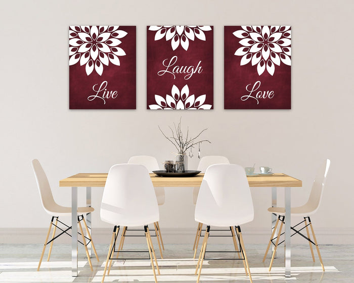 Burgundy and White Floral Wall Art Print Set "Live Laugh Love" - HOME732