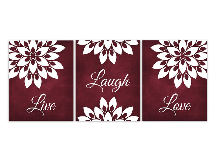 Burgundy and White Floral Wall Art Print Set "Live Laugh Love" - HOME732