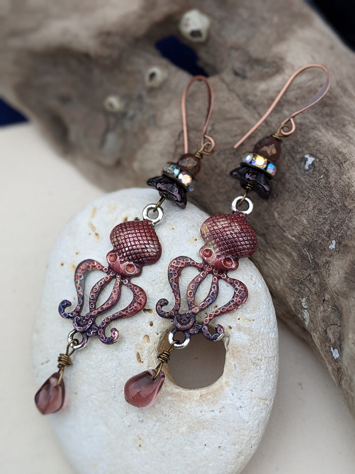 Burgundy Octopus Earrings 1