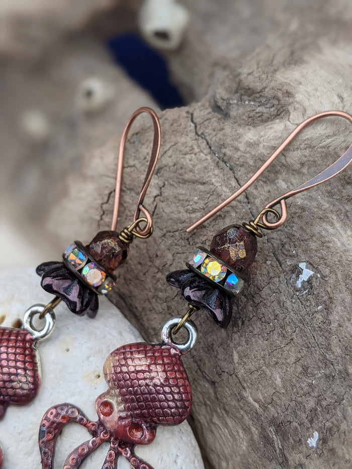 Burgundy Octopus Earrings 1
