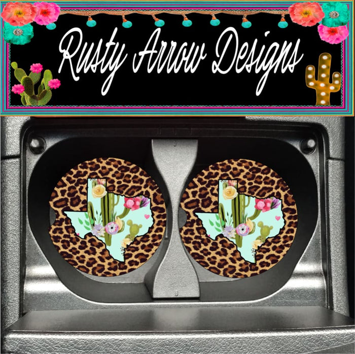 Cheetah and Cactus Texas Set of 2 Car Coasters - Car Coasters