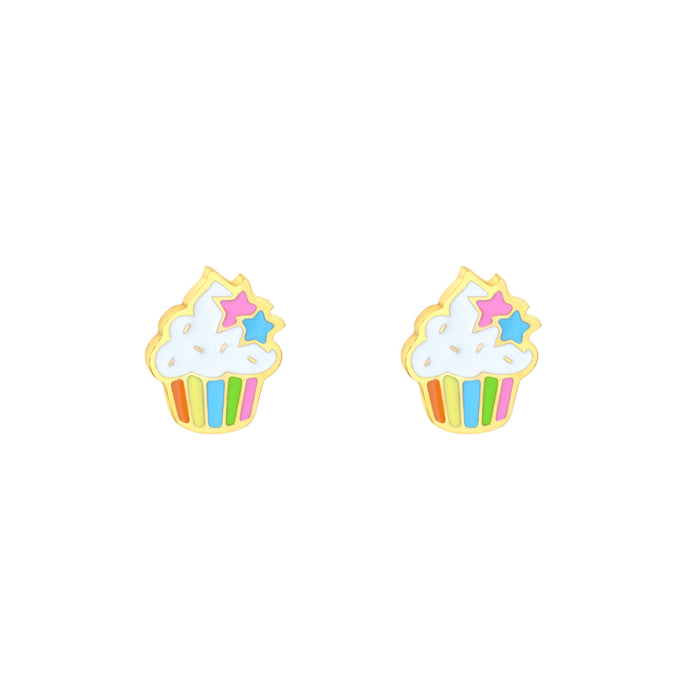 Colourful cupcake hypoallergenic flat back earrings for children in gold-tone 316L surgical stainless steel