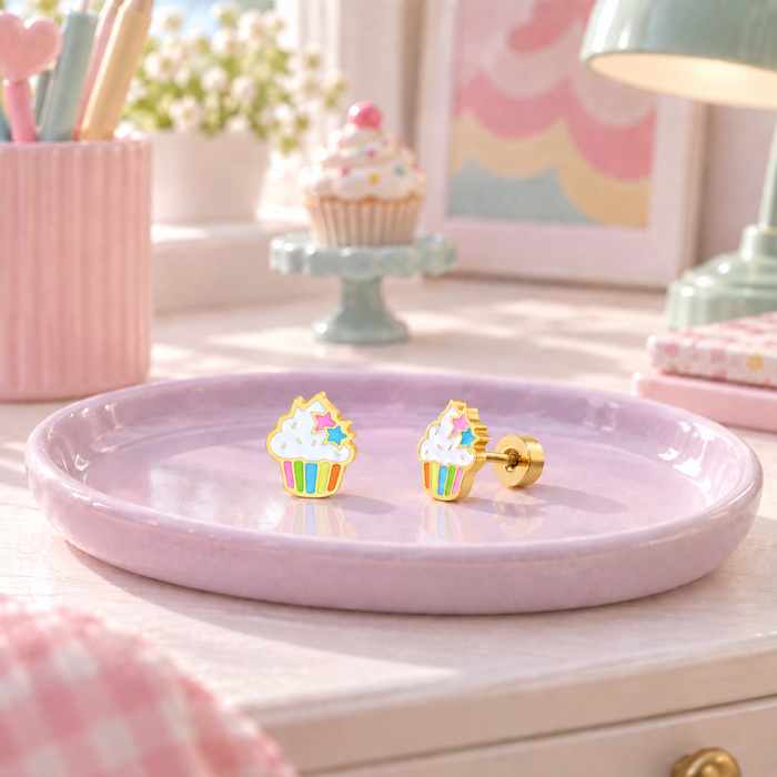 Colourful cupcake surgical steel earrings for children with secure screw-on flat backs