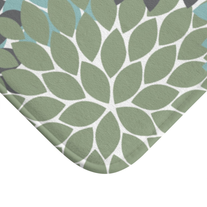Elegant Floral Memory Foam Floor Mat - Sage Green, Gray & Blue Non-Slip Comfort - MAT139