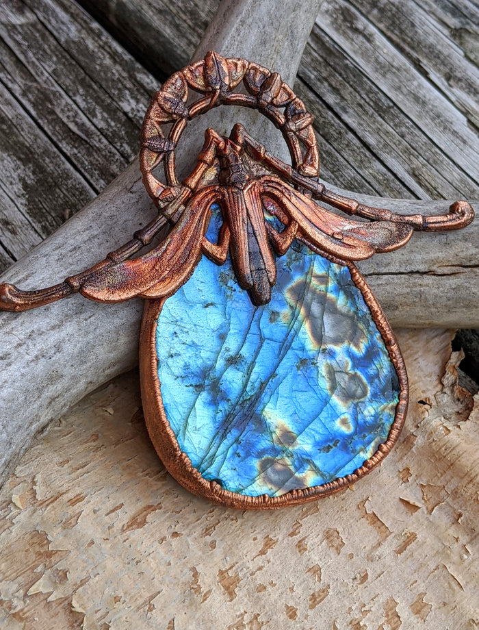Gigantic Labradorite with Art Nouveau Moth / Scarab - Copper Electroformed Statement Necklace - Minxes' Trinkets