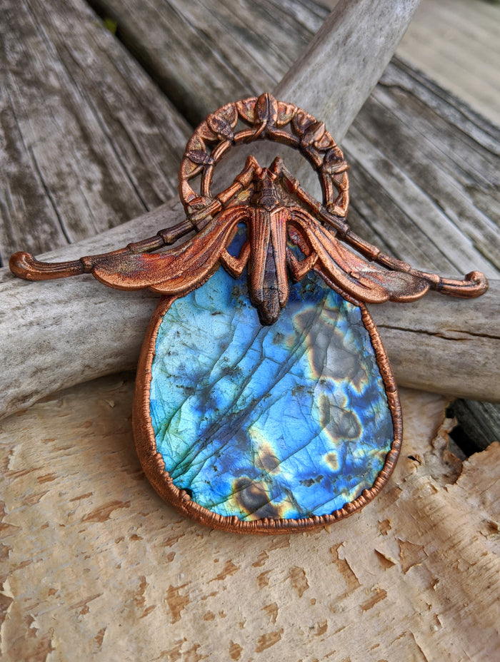 Gigantic Labradorite with Art Nouveau Moth / Scarab - Copper Electroformed Statement Necklace - Minxes' Trinkets