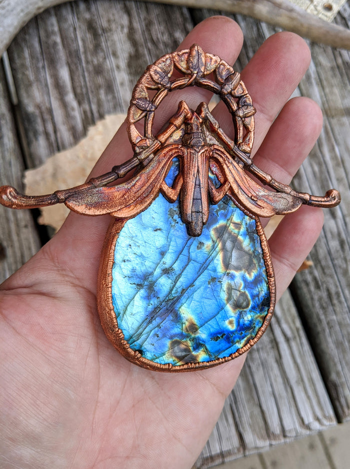 Gigantic Labradorite with Art Nouveau Moth / Scarab - Copper Electroformed Statement Necklace - Minxes' Trinkets