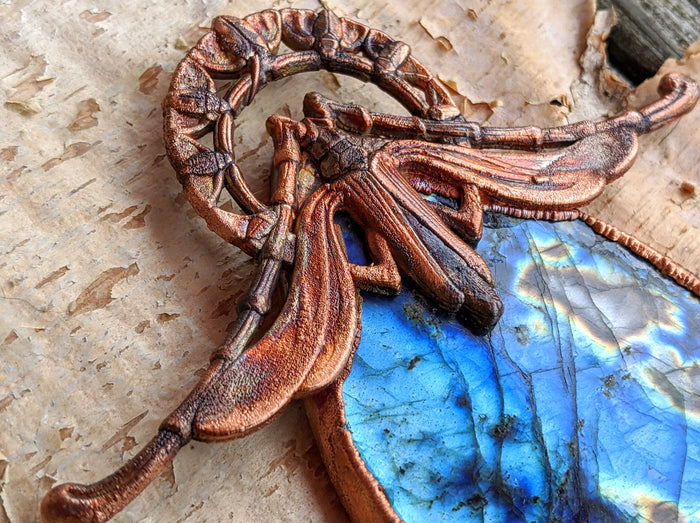 Gigantic Labradorite with Art Nouveau Moth / Scarab - Copper Electroformed Statement Necklace - Minxes' Trinkets