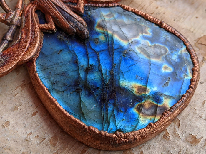 Gigantic Labradorite with Art Nouveau Moth / Scarab - Copper Electroformed Statement Necklace - Minxes' Trinkets