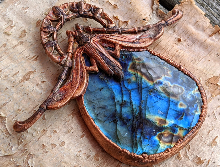 Gigantic Labradorite with Art Nouveau Moth / Scarab - Copper Electroformed Statement Necklace - Minxes' Trinkets