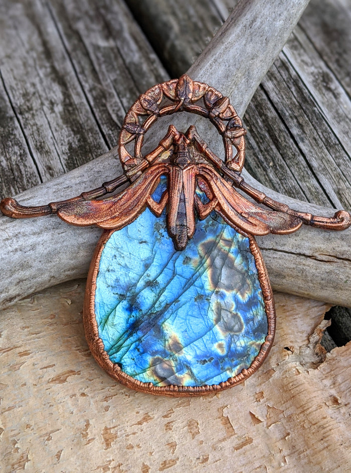 Gigantic Labradorite with Art Nouveau Moth / Scarab - Copper Electroformed Statement Necklace - Minxes' Trinkets