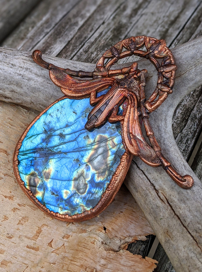Gigantic Labradorite with Art Nouveau Moth / Scarab - Copper Electroformed Statement Necklace - Minxes' Trinkets