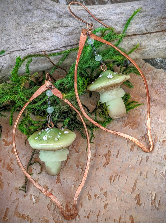Green Amanita Mushroom & Copper Earrings - #4 - Minxes' Trinkets